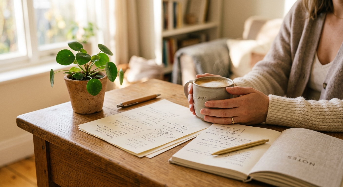 Hands reviewing paperwork and a warm cup of coffee on a sunlit desk